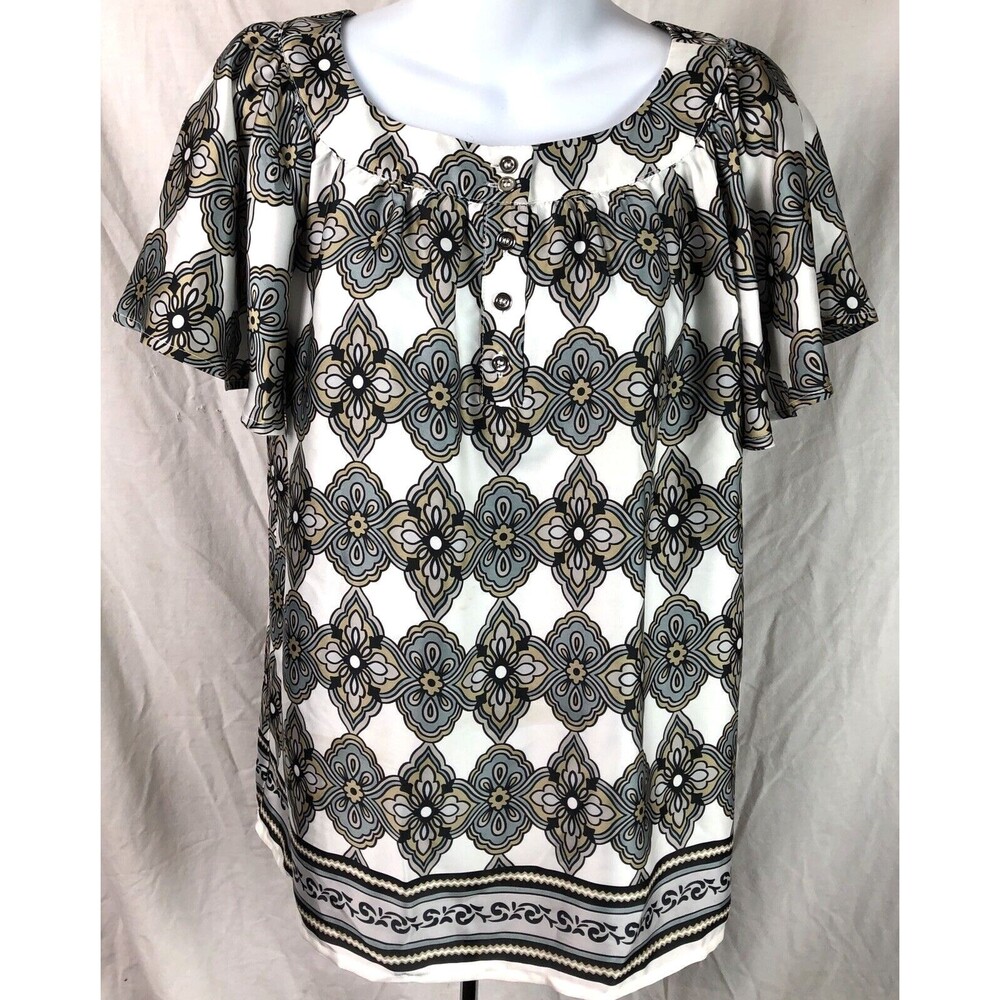 Jaclyn Smith Satin BabyDoll Top M Gray Geo Flutter Short Sleeve Scoop Neck Boho
